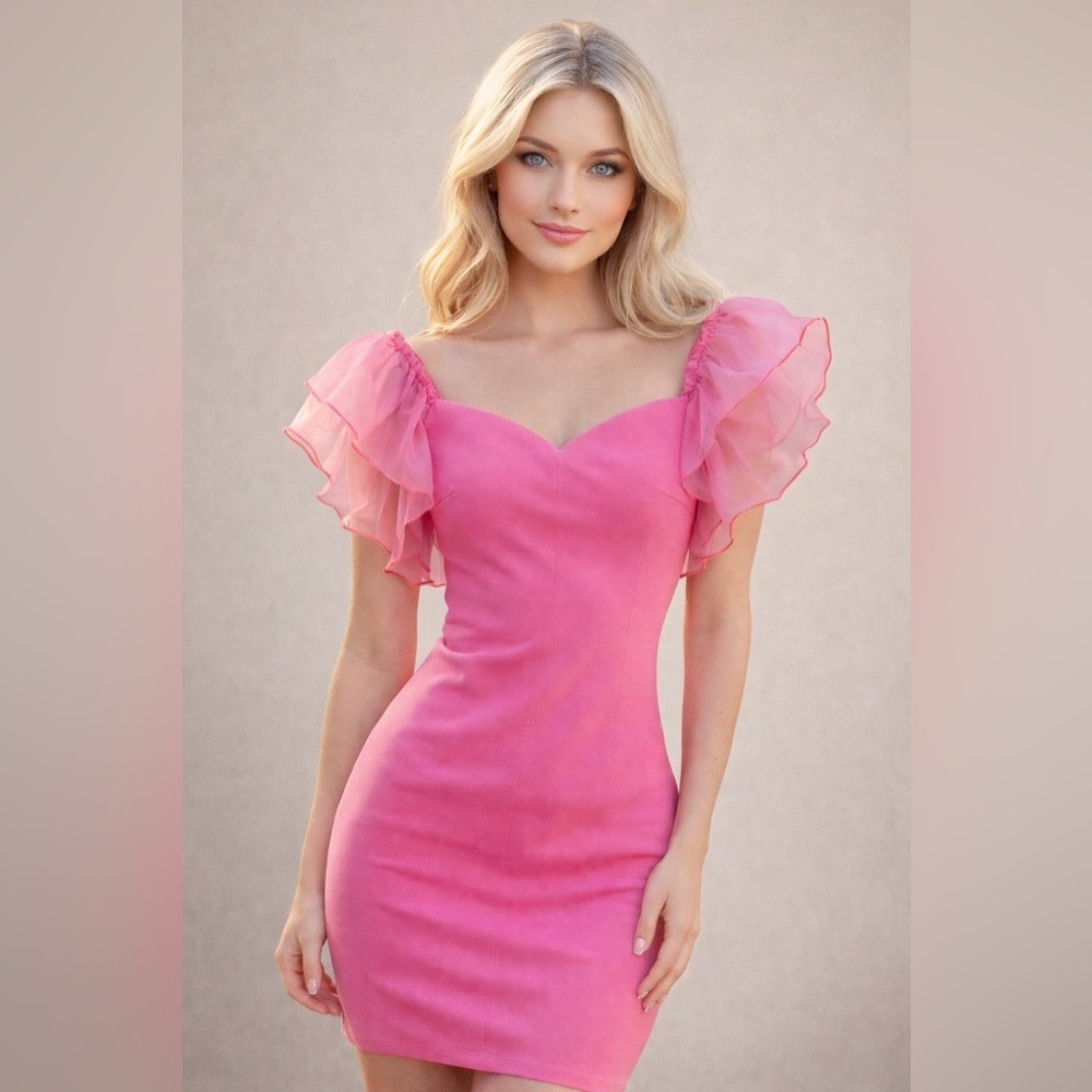 Hot Pink Off-Shoulder Ruffle Sleeve Barbiecore Bodycon Dress
